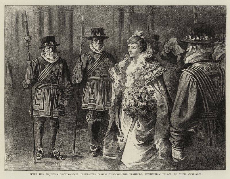 Debutantky procházející vestibulem Buckinghamského paláce ke svým kočárům (rytina). od Reginald Thomas Cleaver