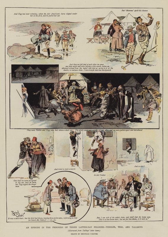 Epizoda z cesty tří poutníků posledních dnů, Tiddlera, Tigga a Tallboye (chromolitografie) od Reginald Thomas Cleaver