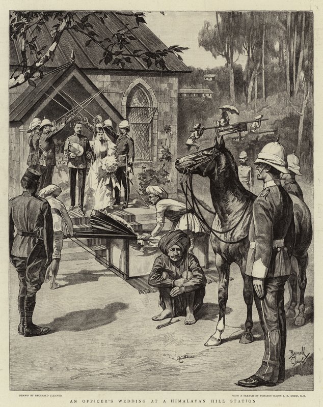 Důstojnická svatba na himálajské horské stanici (litografie) od Reginald Thomas Cleaver