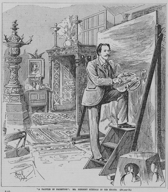 Anglický prerafaelitský malíř Herbert Schmalz při práci ve svém ateliéru (rytina) od Reginald Thomas Cleaver