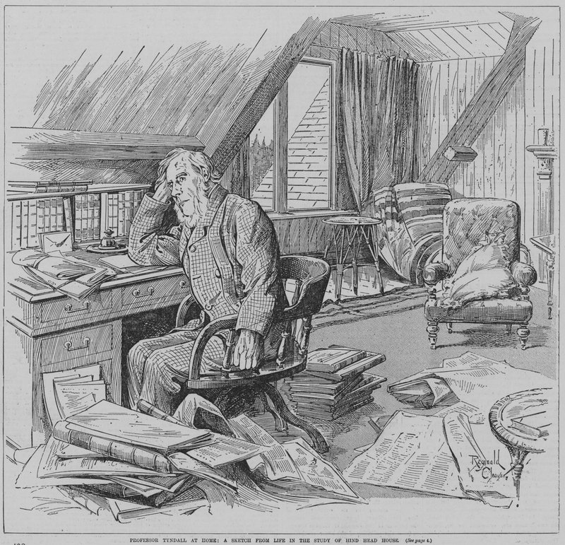 Anglický fyzik John Tyndall v pracovně svého domu Hindhead House, Haslemere, Surrey (rytina) od Reginald Thomas Cleaver