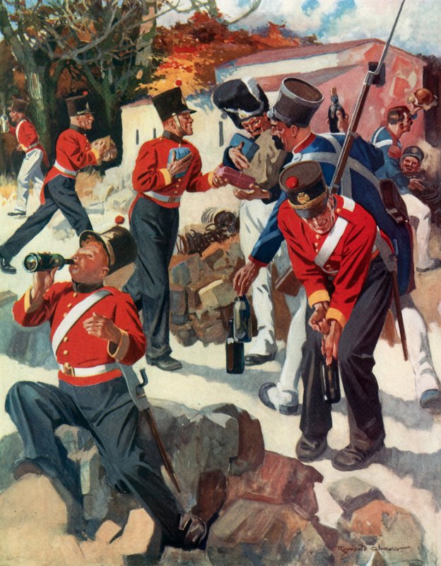 Entente Cordiale - Angličtí a francouzští vojáci si během Wellingtonova tažení na poloostrově dělí dary (barevná litografie) od Reginald Thomas Cleaver