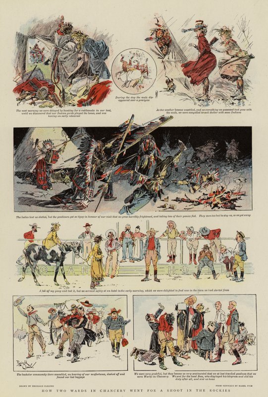 Jak se dva svěřenci v kanceláři vydali na natáčení do Skalistých hor (barevná litografie) od Reginald Thomas Cleaver