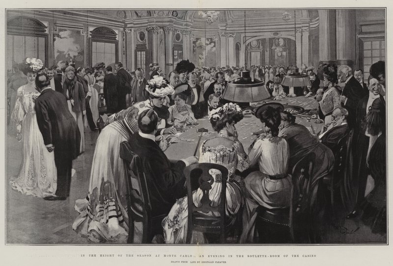 Večer na vrcholu sezóny v Monte Carlu v ruletovém sále kasina (litografie) od Reginald Thomas Cleaver
