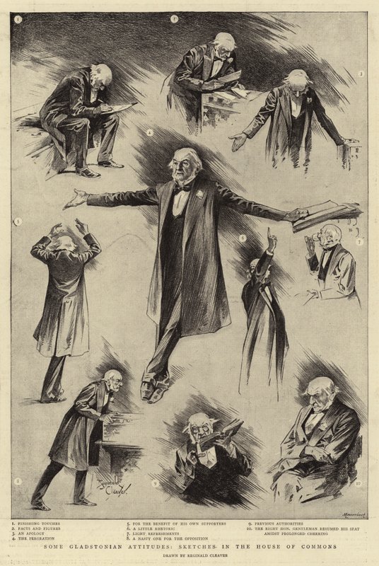 Některé Gladstonovy postoje, skicy v Dolní sněmovně (rytina) od Reginald Thomas Cleaver