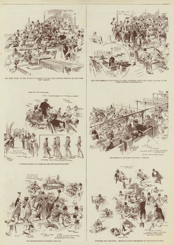 Home Rule Session, několik skic "Daily Graphic" v parlamentu (rytina) od Reginald Thomas Cleaver
