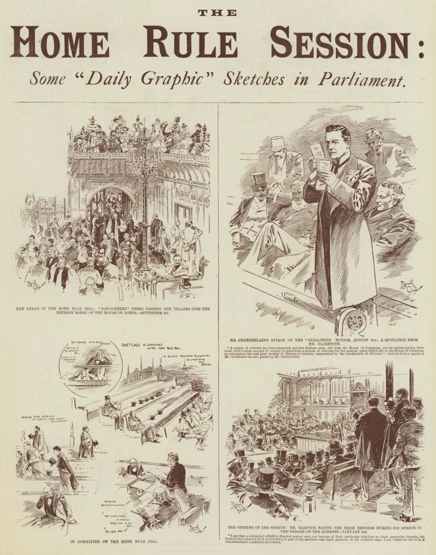 Home Rule Session, několik skic "Daily Graphic" v parlamentu (rytina) od Reginald Thomas Cleaver
