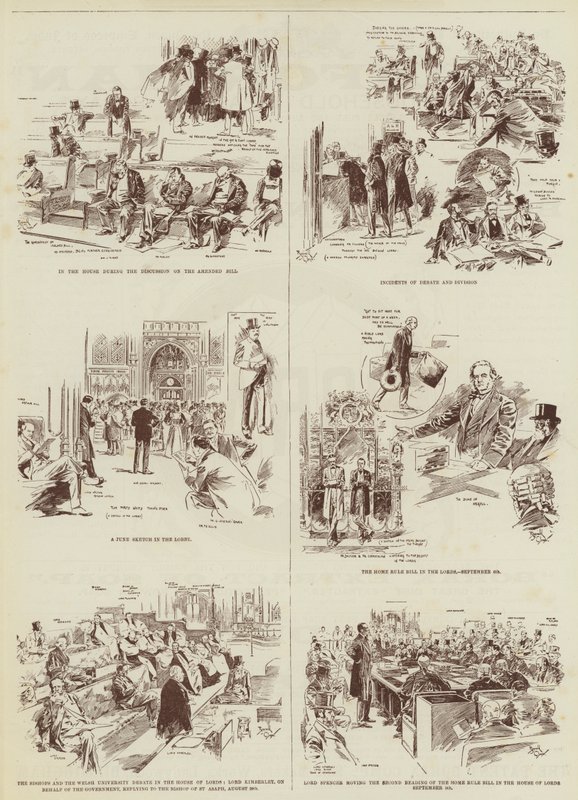 Home Rule Session, několik skic "Daily Graphic" v parlamentu (rytina) od Reginald Thomas Cleaver