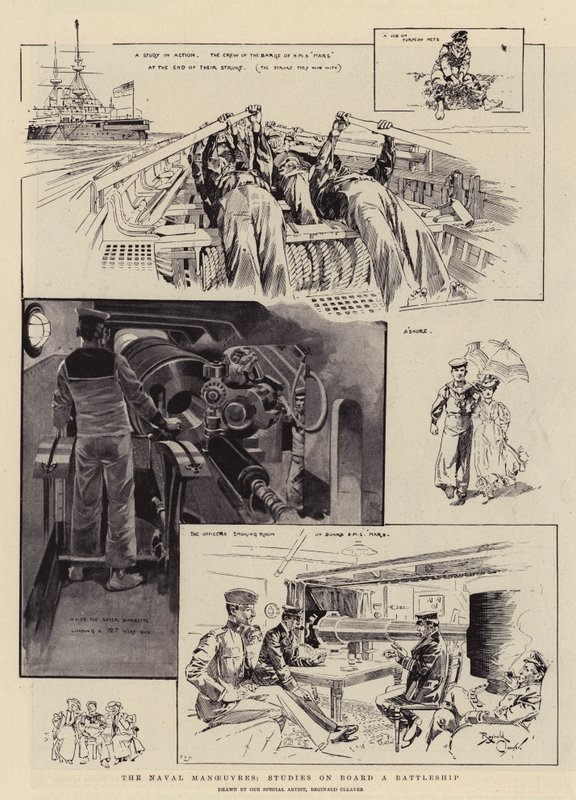 Námořní manévry, studie na palubě bitevní lodi (litografie) od Reginald Thomas Cleaver
