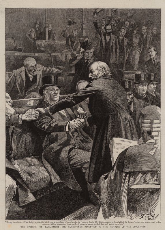 Zahájení zasedání parlamentu, přijetí pana Gladstona členy opozice (rytina) od Reginald Thomas Cleaver