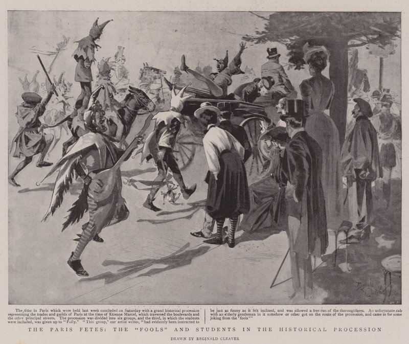 Pařížské slavnosti, "blázni" a studenti v historickém průvodu (litografie) od Reginald Thomas Cleaver