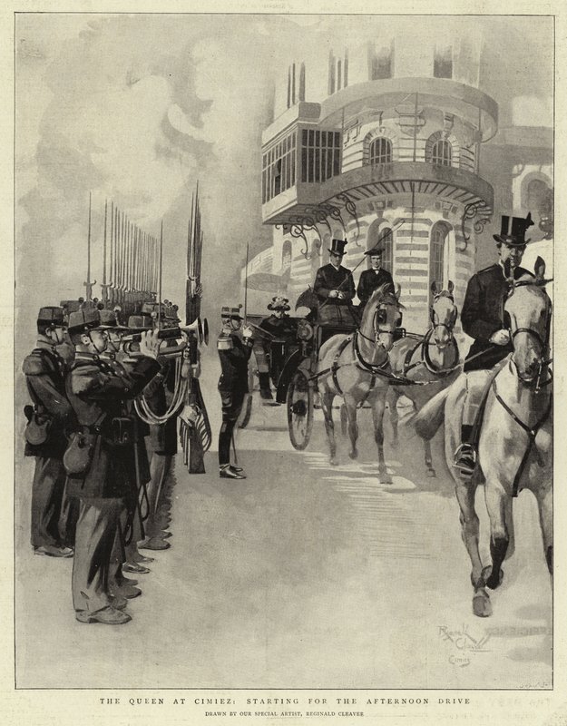 Královna na Cimiez, start na odpolední jízdu (litografie) od Reginald Thomas Cleaver