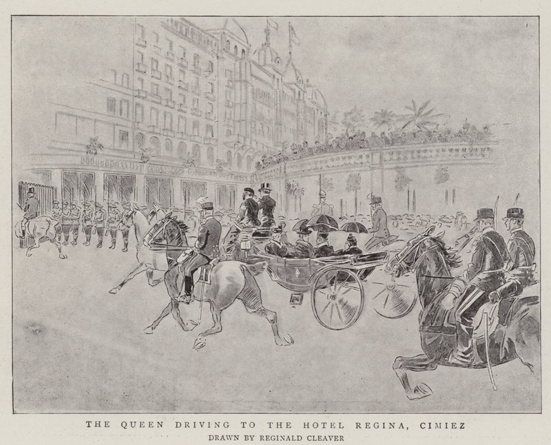 Královna přijíždí do hotelu Regina, Cimiez (rytina) od Reginald Thomas Cleaver