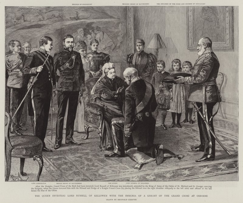Královna vyznamenává lorda Russella z Killowenu insigniemi rytíře velkokříže v Osborne (rytina) od Reginald Thomas Cleaver