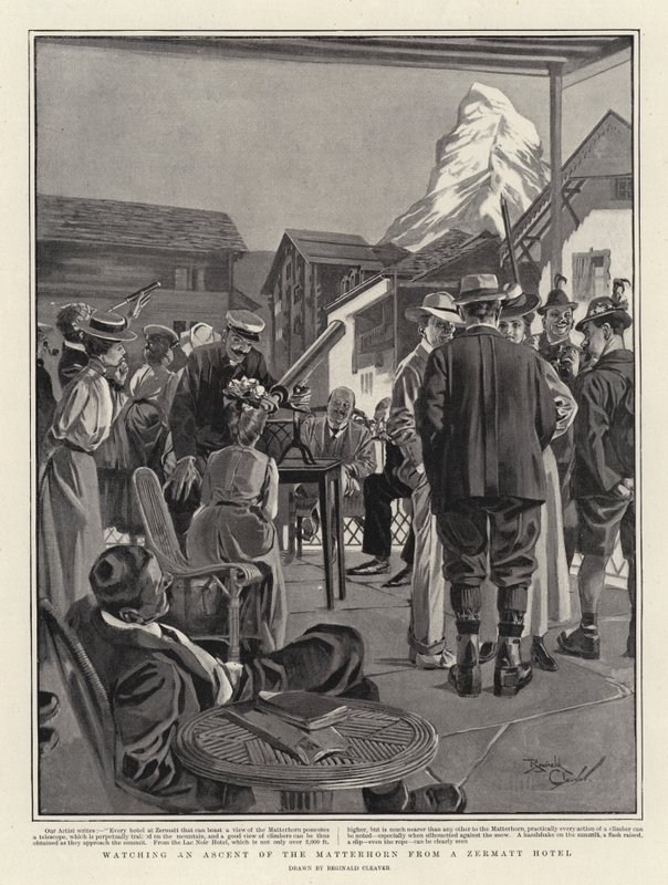 Sledování výstupu na Matterhorn z hotelu v Zermattu (litografie) od Reginald Thomas Cleaver