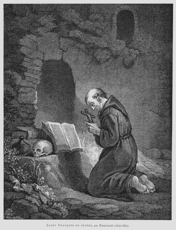 Svatý František z Assisi se modlí (litho) od Rembrandt Harmensz. van Rijn (after)