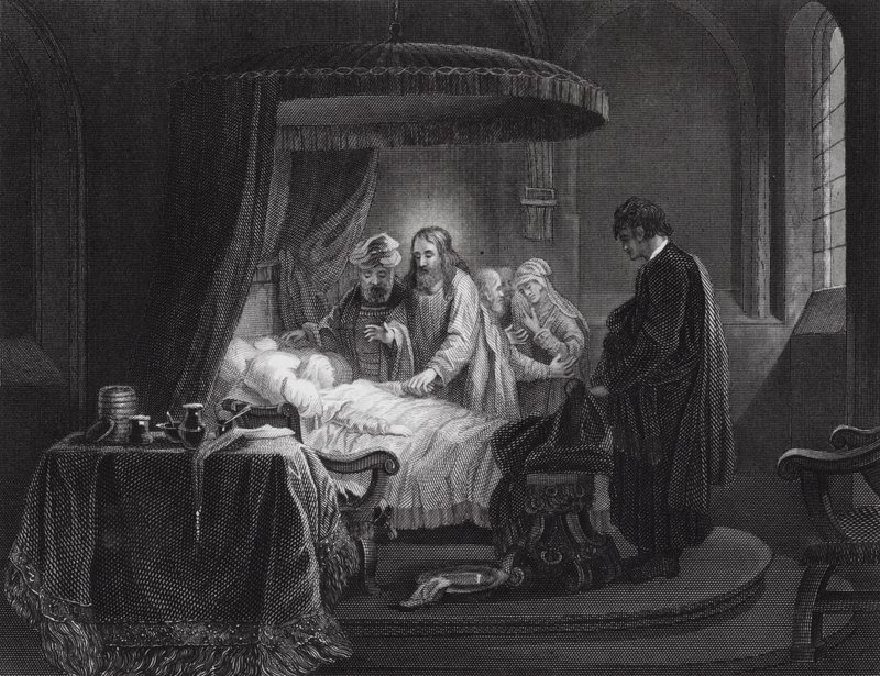 Vzkříšení Jairovy dcery, Marek, kapitola V, verše 35, 42 (rytina) od Rembrandt Harmensz. van Rijn (after)