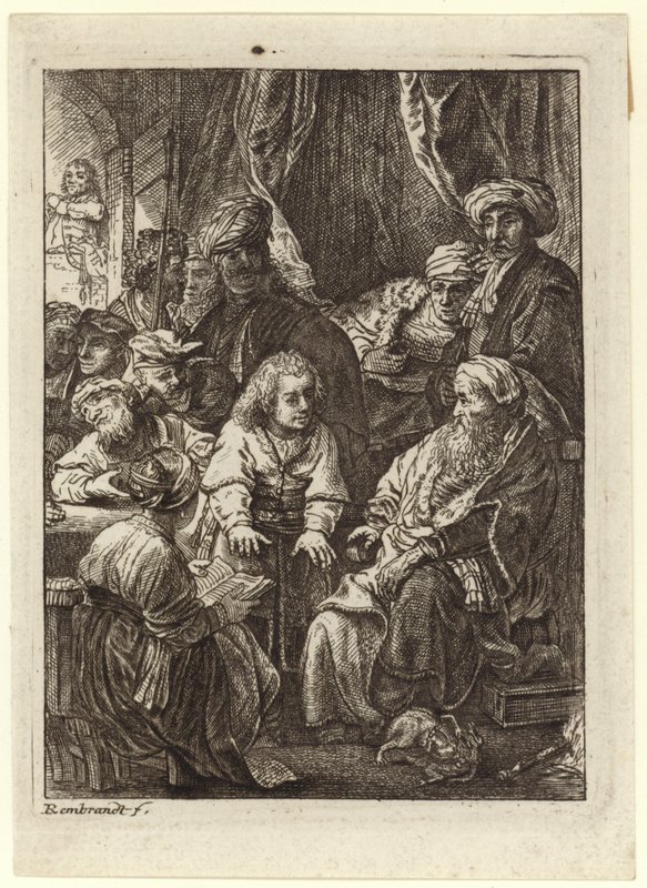 Kolem sedícího starce se shromáždil dav lidí od Rembrandt van Rijn