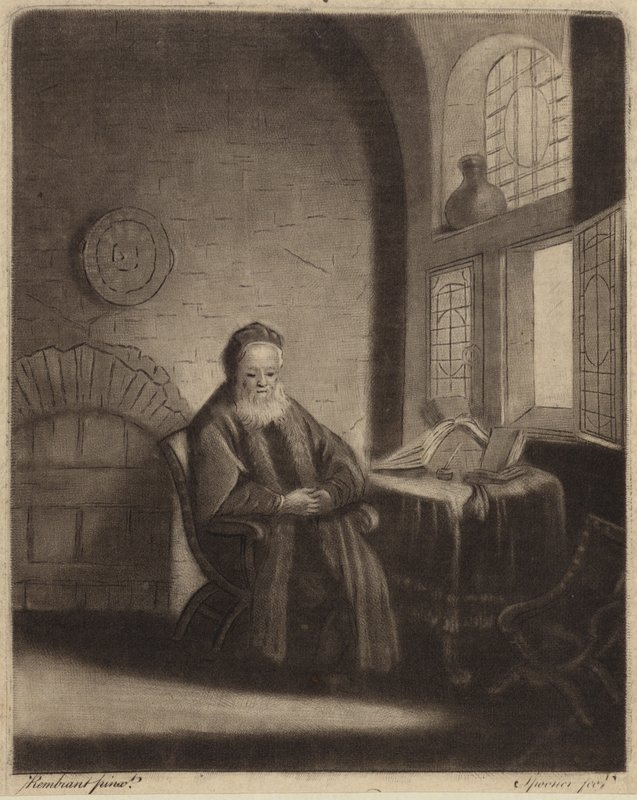 Postarší vousatý filozof sedící u stolu před oknem od Rembrandt van Rijn