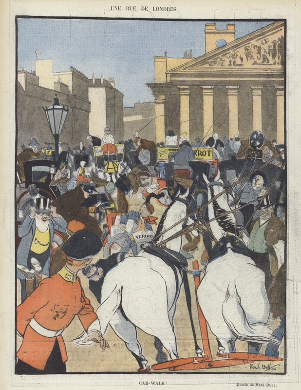 Londýnská ulice. Ilustrace pro Le Rire od René Bull