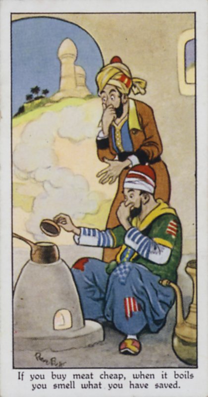 Když koupíš maso levně, při vaření ucítíš, co jsi ušetřil (barevná litografie) od René Bull