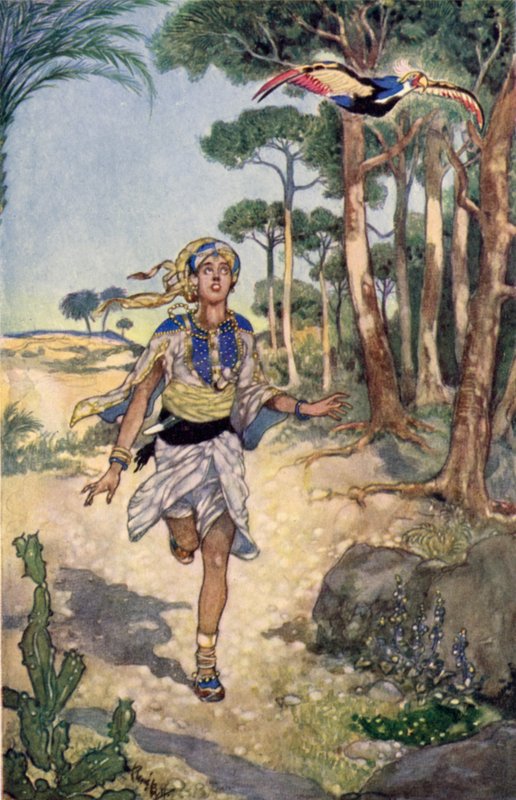 Příští ráno následoval ptáka, když létal ze stromu na strom (barva litho) od René Bull