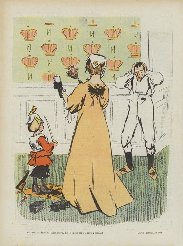 Satira na ruskou porážku v rusko-japonské válce. ilustrace k Le Rire od Rene George Hermann Paul