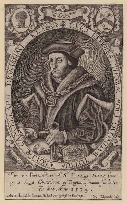 Sir Thomas More , anglický právník, státník, filozof a humanista (rytina) od Renold (after) Elstrack
