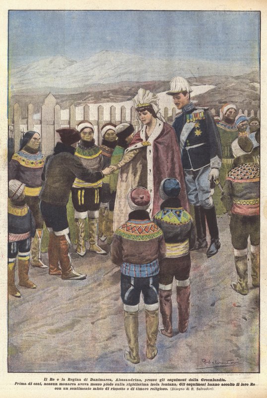 Král a královna Dánska, Alexandrine, grónským Eskymákům (barva litho) od Riccardo Salvadori
