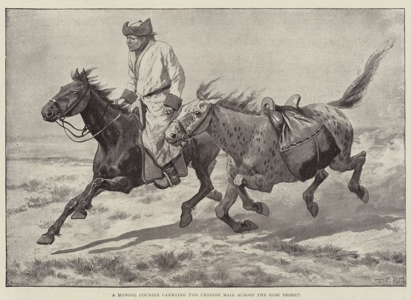 Mongolský kurýr převážející čínskou poštu přes poušť Gobi od Richard Caton Woodville junior