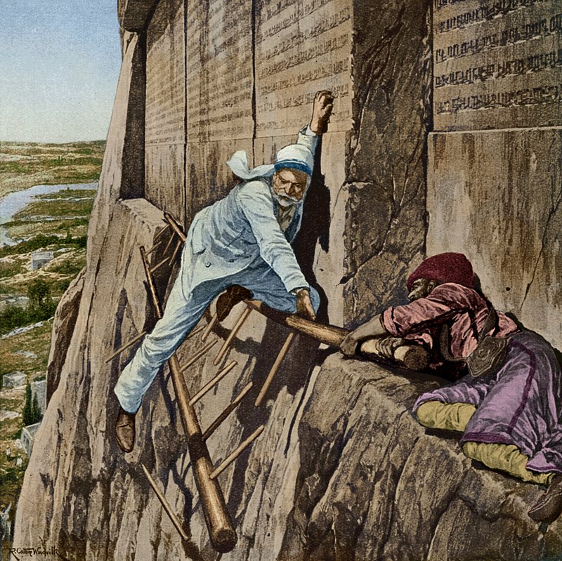 Těsný útěk pro sira Henryho Rawlinsona ve skále Behistun, kolem roku 1920 od Richard Caton II Woodville