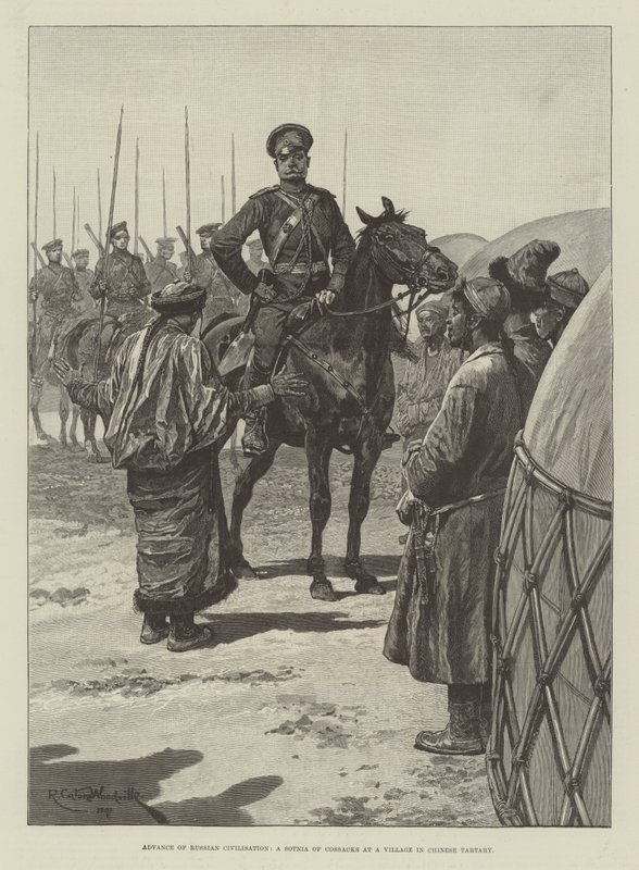 Pokrok ruské civilizace, Sotnia kozáků ve vesnici v čínské Tartarii od Richard Caton Woodville junior