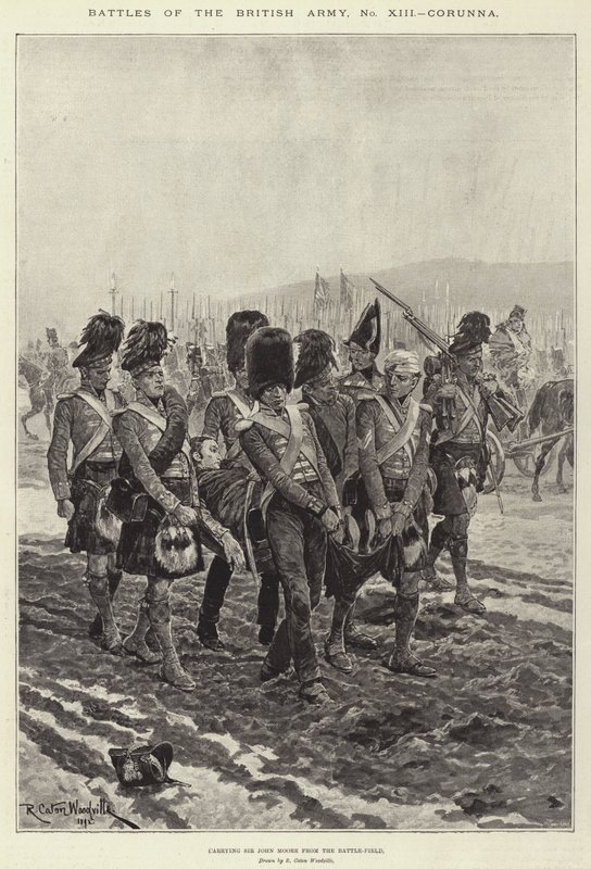 Bitvy britské armády, Corunna, nesoucí sira Johna Moora z bitevního pole od Richard Caton Woodville junior