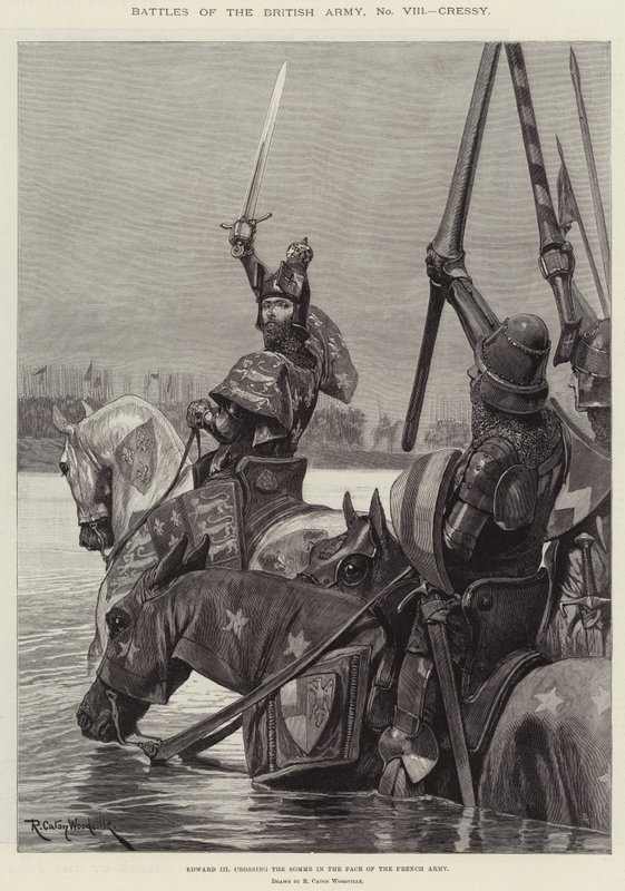 Bitvy britské armády, Cressy, Edward III překračující Sommu tváří v tvář francouzské armádě od Richard Caton Woodville junior