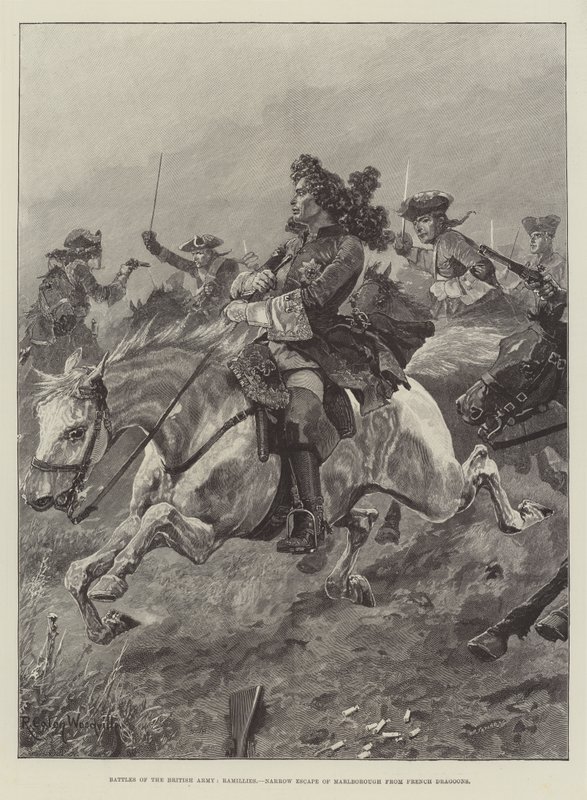 Bitvy britské armády, Ramillies, Úzký útěk z Marlborough před francouzskými dragouny od Richard Caton Woodville junior