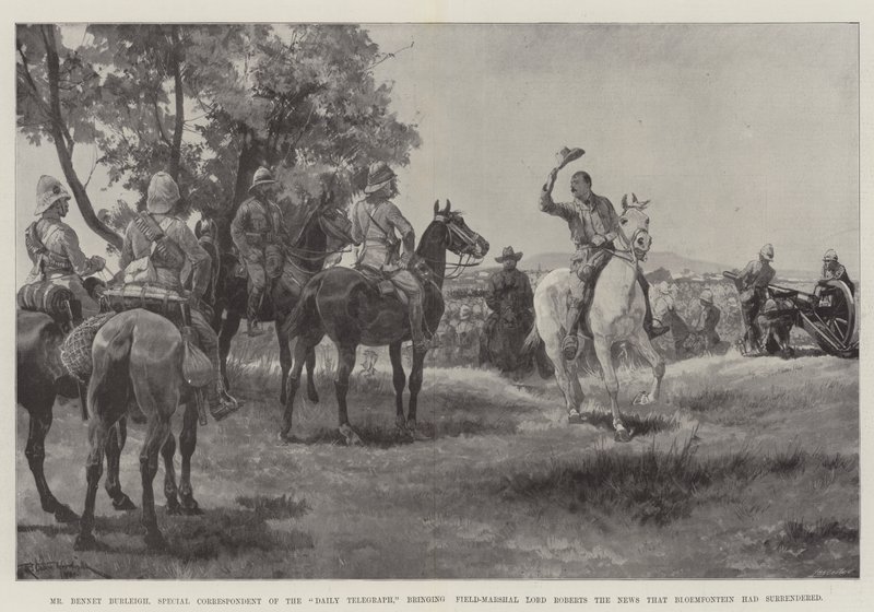 Pan Bennet Burleigh, zvláštní zpravodaj Daily Telegraph, přináší polnímu maršálu lordu Robertsovi zprávu, že se Bloemfontein vzdal od Richard Caton Woodville junior