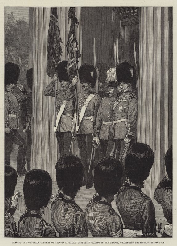 Umístění barev Waterloo z druhého praporu granátnických gard v kapli, Wellington Barracks od Richard Caton Woodville junior