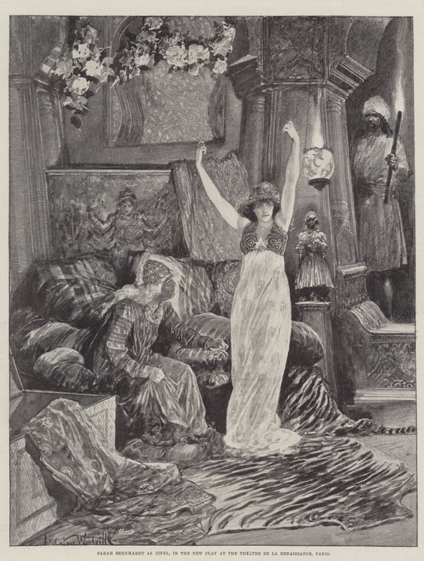 Sarah Bernhardt jako Izeyl v Nové hře v Theatre de la Renaissance v Paříži od Richard Caton Woodville junior