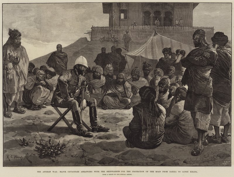 Afghánská válka, major Cavagnari zařídil s Shinwarries ochranu cesty z Dakky do Lundi Khana od Richard Caton Woodville junior