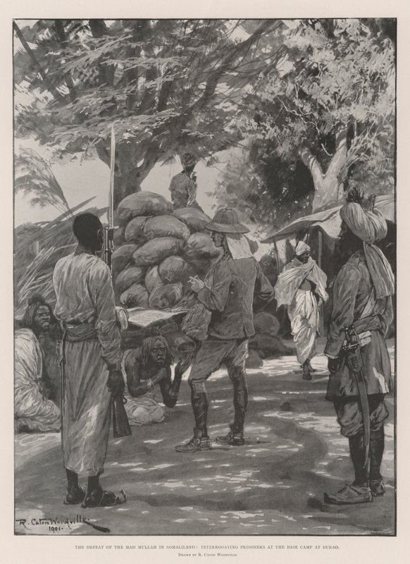 Porážka šíleného mully v Somalilandu, vyslýchání vězňů v základním táboře v Burao od Richard Caton Woodville junior