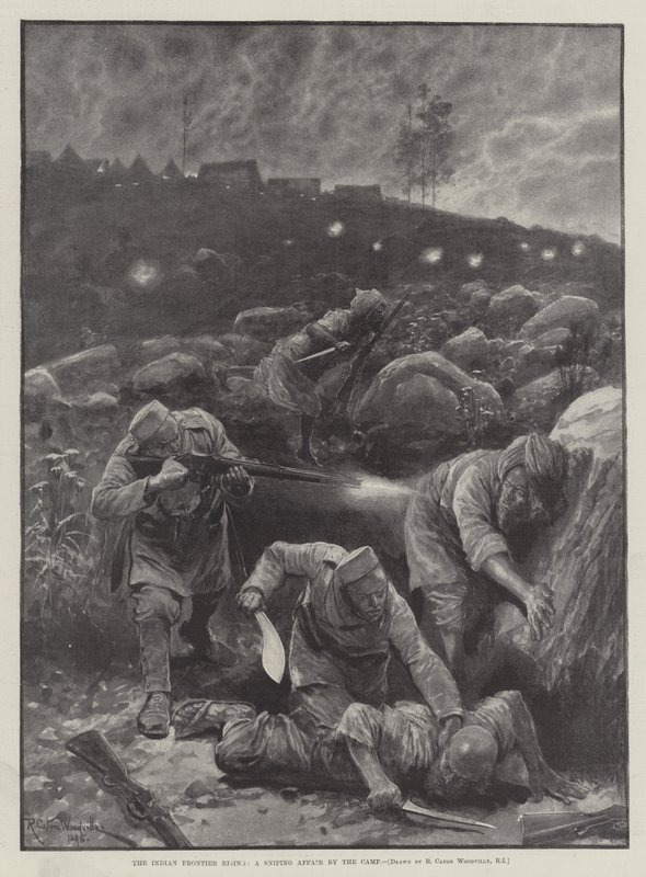 The Indian Frontier Rising, odstřelovací aféra v táboře od Richard Caton Woodville junior