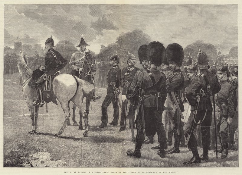 The Royal Review in Windsor Park, Types of Volunteers, které budou přezkoumány Jejím Veličenstvom od Richard Caton Woodville junior