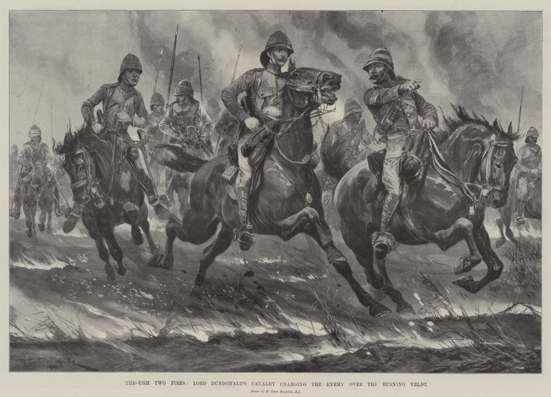 Přes Two Fires útočí kavalérie lorda Dundonalda na Nepřítele přes Burning Veldt od Richard Caton Woodville junior