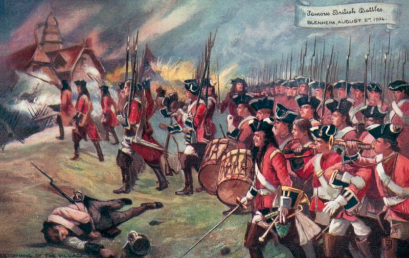 Britská vojska útočící na vesnici, bitva u Blenheimu, Bavorsko, válka o španělské dědictví, 1704 od Richard Caton II Woodville