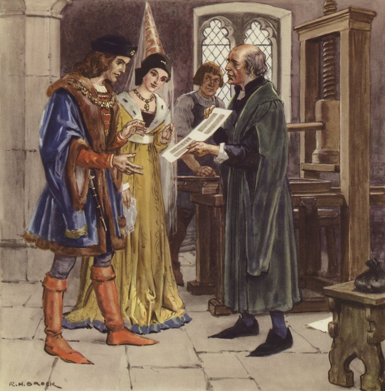William Caxton ukazuje tištěnou stránku Edwardu IV. a jeho královně od Richard Henry Brock