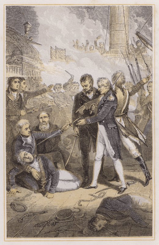 Nelson obdrží meč španělského admirála (barevná rytina) od Richard (after) Westall