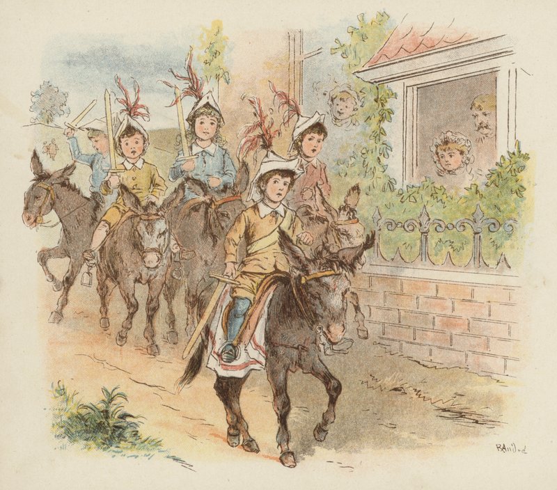 Děti na oslech si hrají na válku (barva litho) od Richard Andre