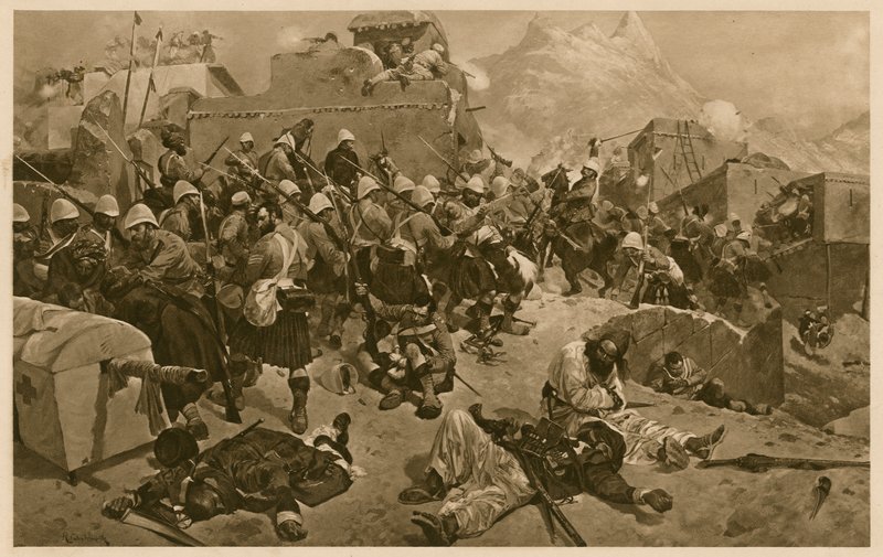 92nd Highlanders a 2. Gurkhas zaútočí na Gundi Mulla Sahibdad během bitvy o Kandahár, Afghánistán, druhá anglo-afghánská válka od Richard Caton II (after) Woodville