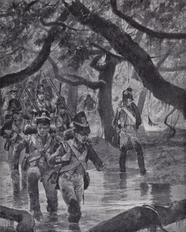 Britští vojáci překračující bažiny řeky Essequibo v Britské Guyaně od Richard Caton II (after) Woodville