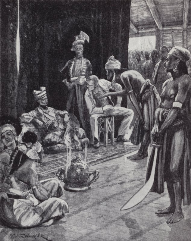 Sir James Brooke vyjednává se sultánem z Bruneje smlouvu o založení britské kolonie na Borneu od Richard Caton II (after) Woodville